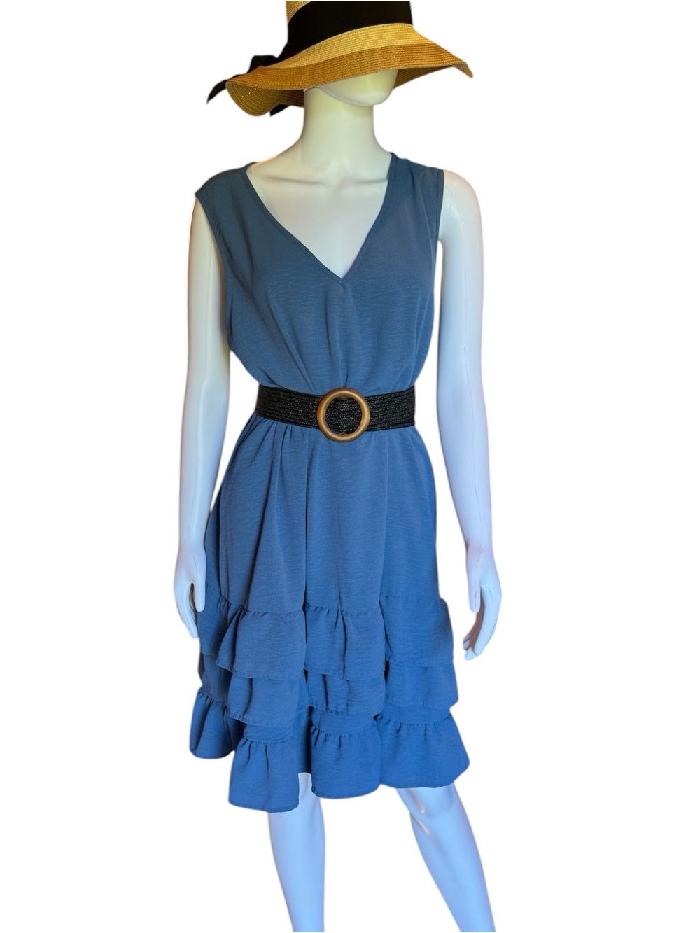 Sleeveless Blue V-Neck Ruffle Dress with Belt